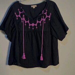 KNOX ROSE XL Black Pleasant Boho Tassle Tie Pink Embroidered Neck Blouse